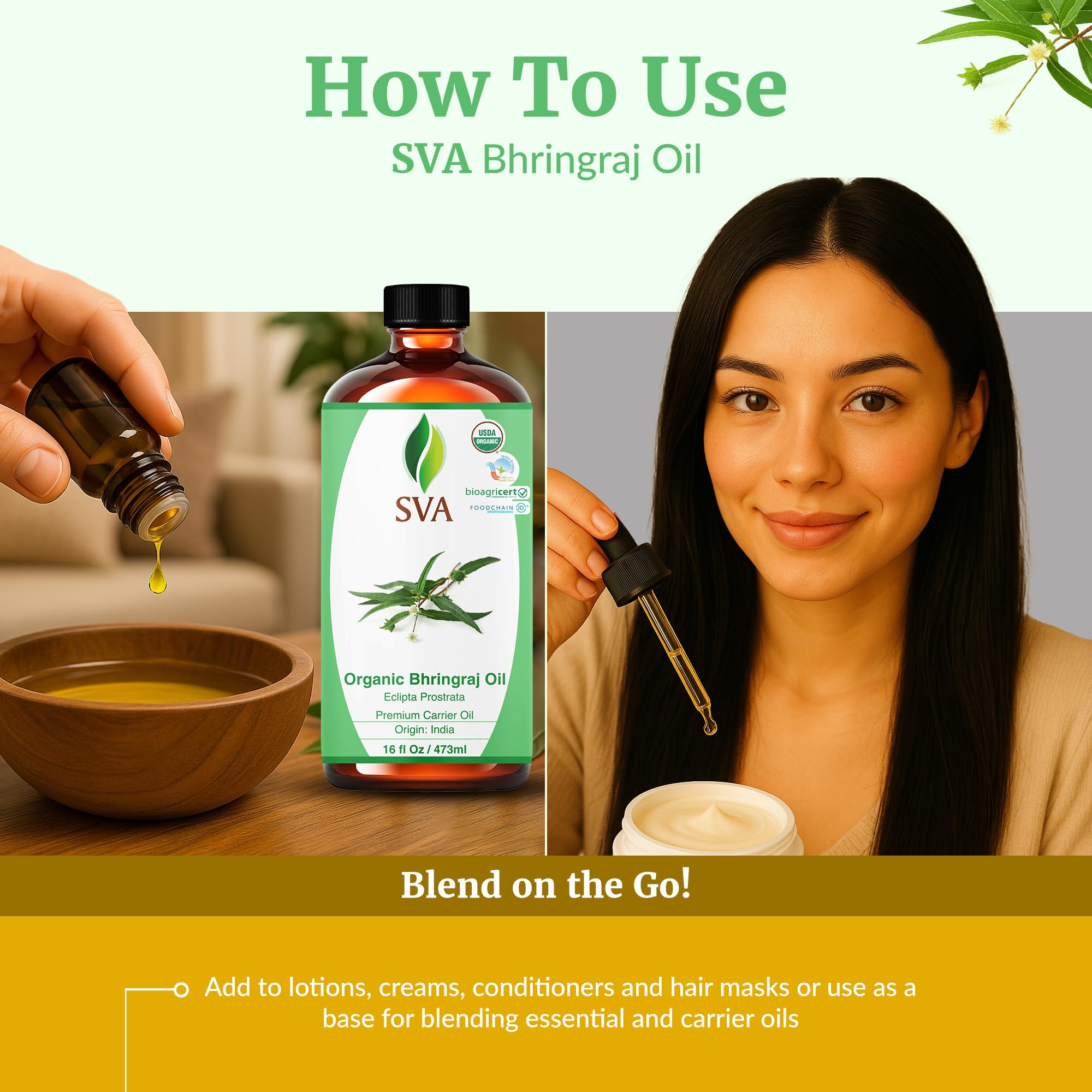 SVA Organic Bhringraj Oil in glass jar showcasing premium packaging.