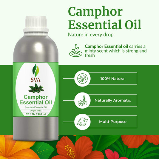 SVA Organics camphor oil bottle designed for hair care and scalp massage routines.