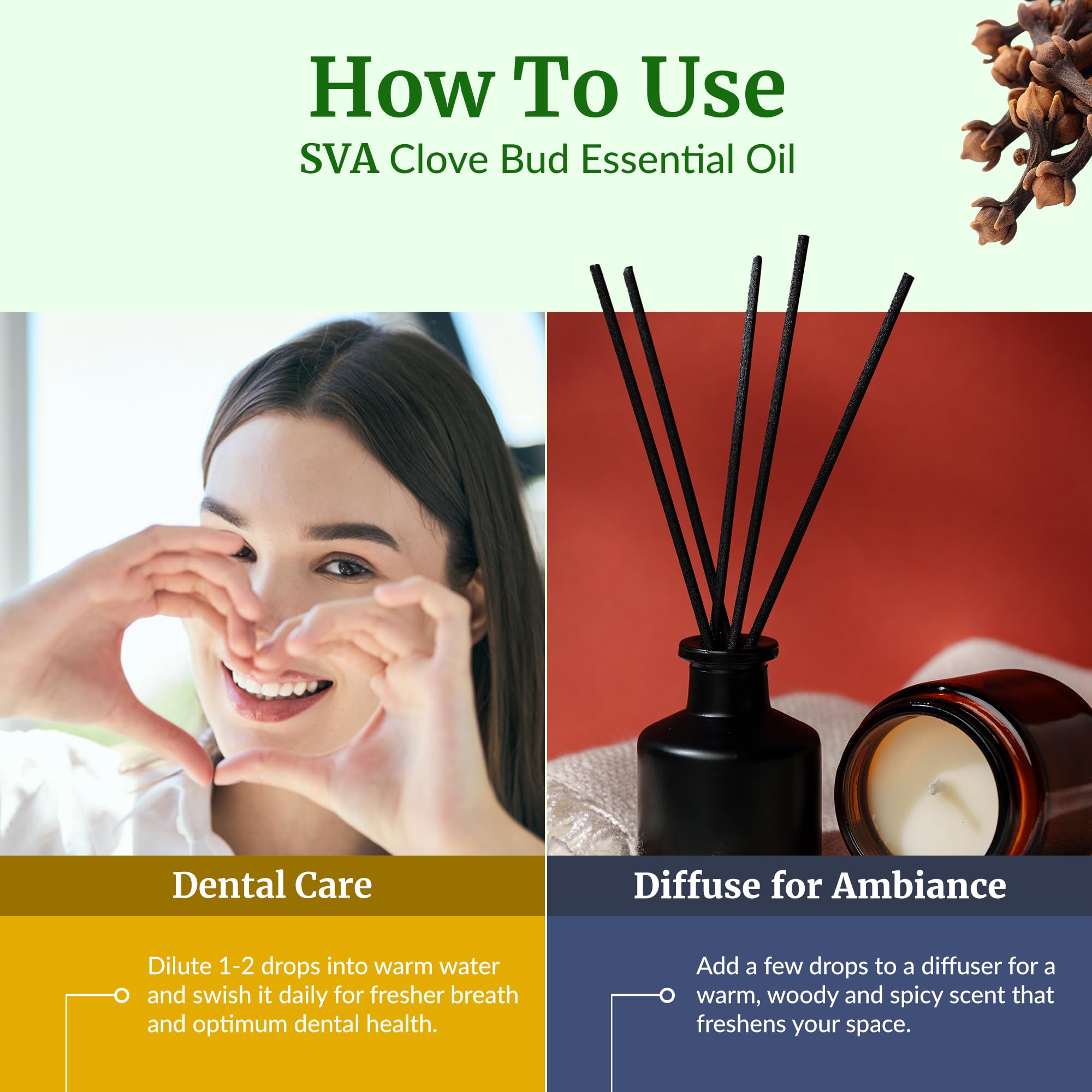 SVA ORGANICS Clove Bud Oil supports skin and hair care routines when diluted.