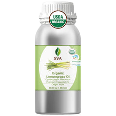 SVA Organics lemongrass oil bottle highlighting purity and diffuser-ready aroma.