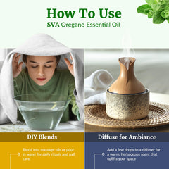 SVA Organics oregano oil bottle with amber hue for storage.