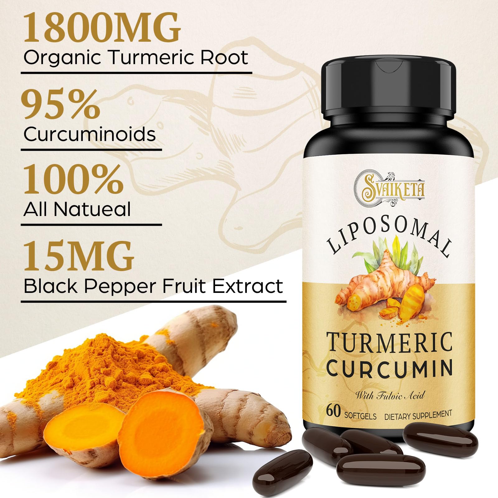 Side label of Svaiketa turmeric bottle highlighting 2000mg curcuminoids and piperine
