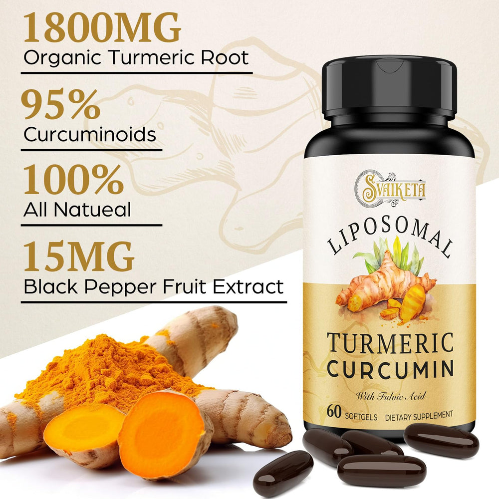 Side label of Svaiketa turmeric bottle highlighting 2000mg curcuminoids and piperine
