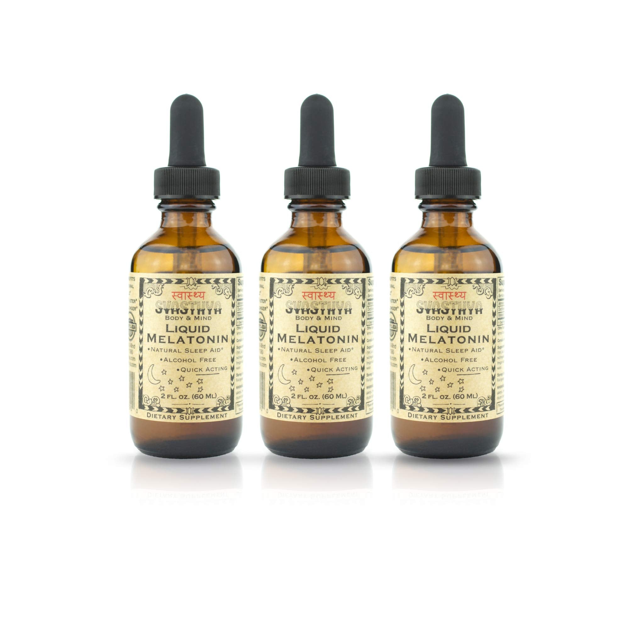 Svasthya Liquid Melatonin bottle close-up showing natural sleep support