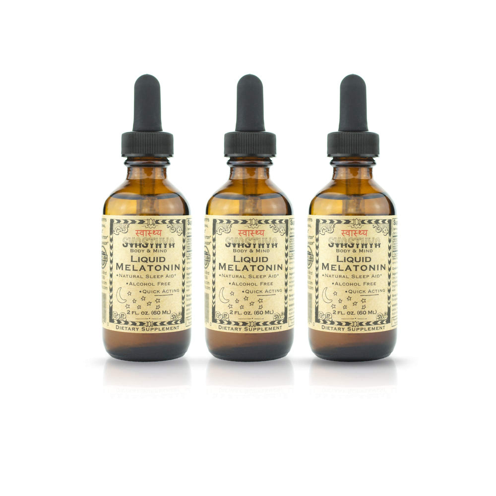 Svasthya Liquid Melatonin bottle close-up showing natural sleep support