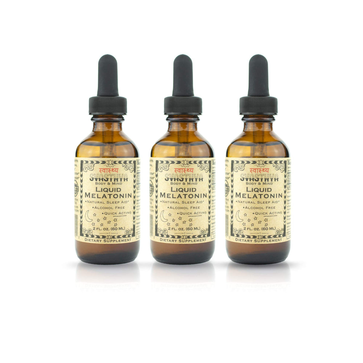 Svasthya Liquid Melatonin bottle close-up showing natural sleep support