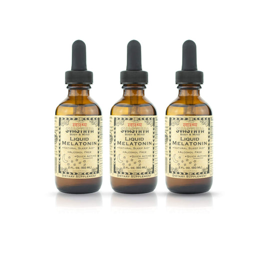 Svasthya Liquid Melatonin bottle close-up showing natural sleep support
