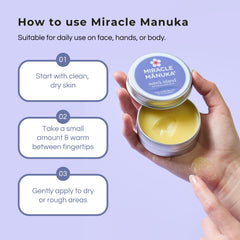 Sven's Island Miracle Manuka balm in use on skin demonstrates smooth application.