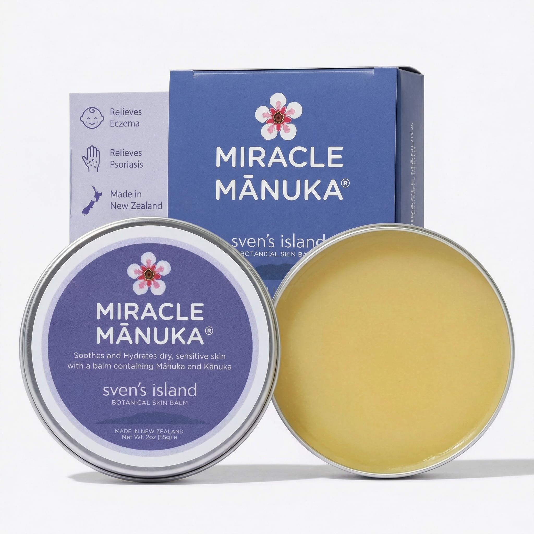 Sven's Island Miracle Manuka balm packaging highlights a natural, sensitive-skin friendly formula.