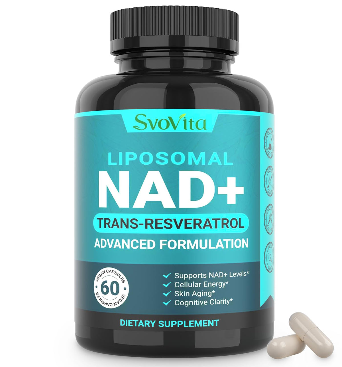 Svovita NAD supplement 500mg bottle, convenient energy support for daily vitality.