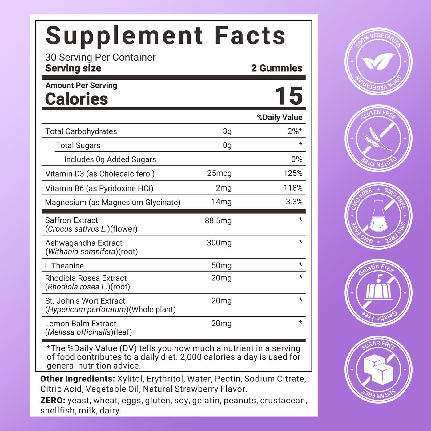 Svovita saffron gummies bottle close-up highlighting sugar-free formula.