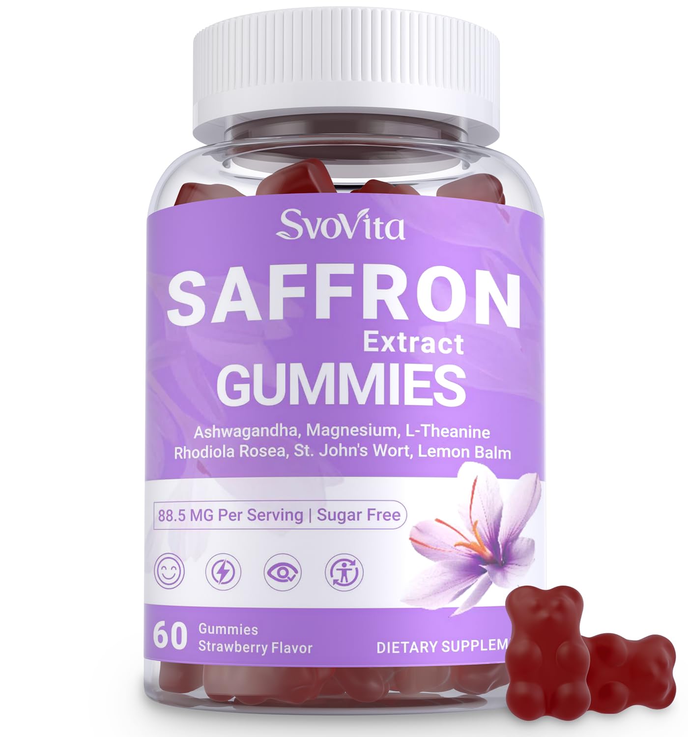 Svovita Saffron Gummies bottle on table highlighting daily vitality.