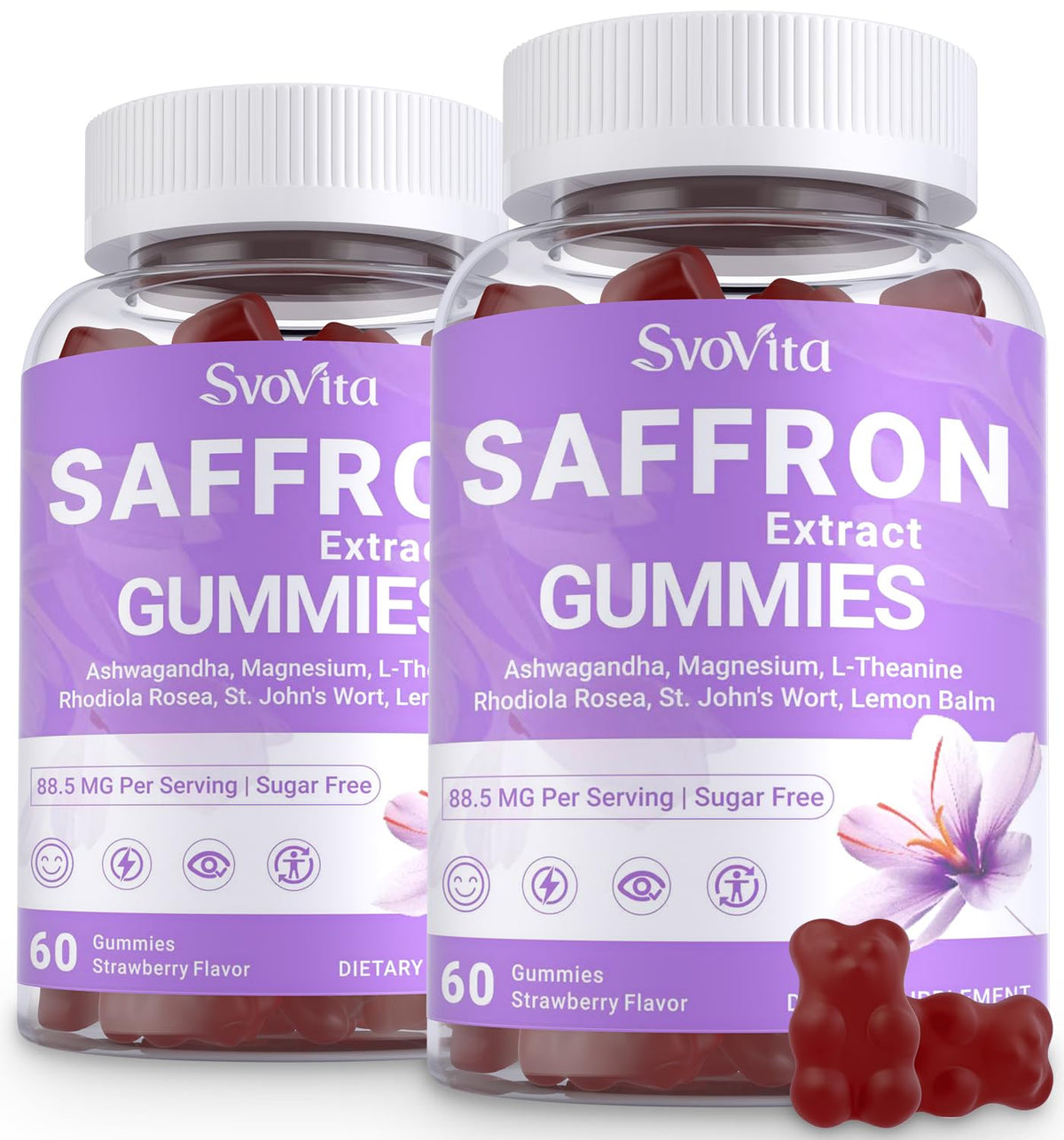 Svovita saffron gummies front view with strawberry flavor for daily wellness.