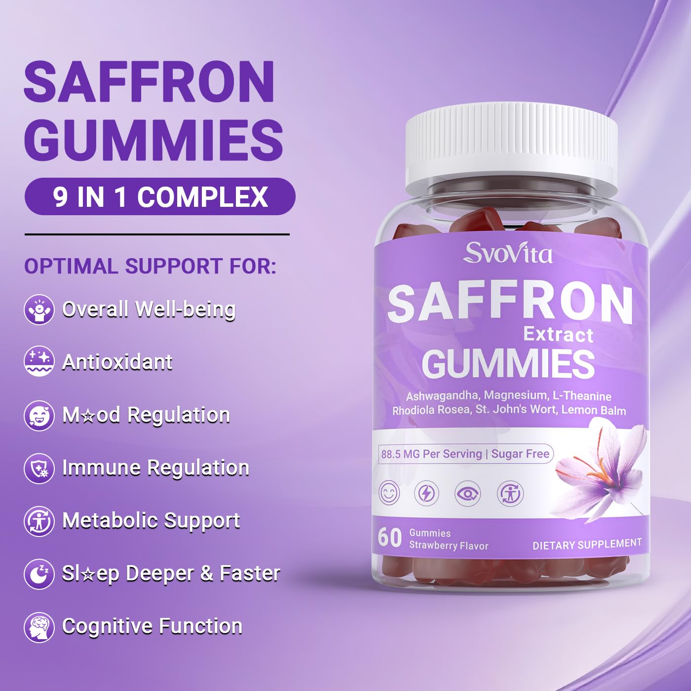 Svovita saffron gummies ingredients list with vitamins D3 and B6.