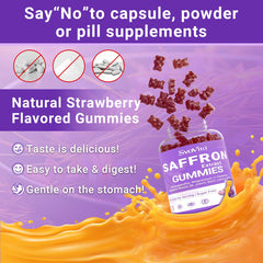Svovita saffron gummies vegan and gluten-free labeling.