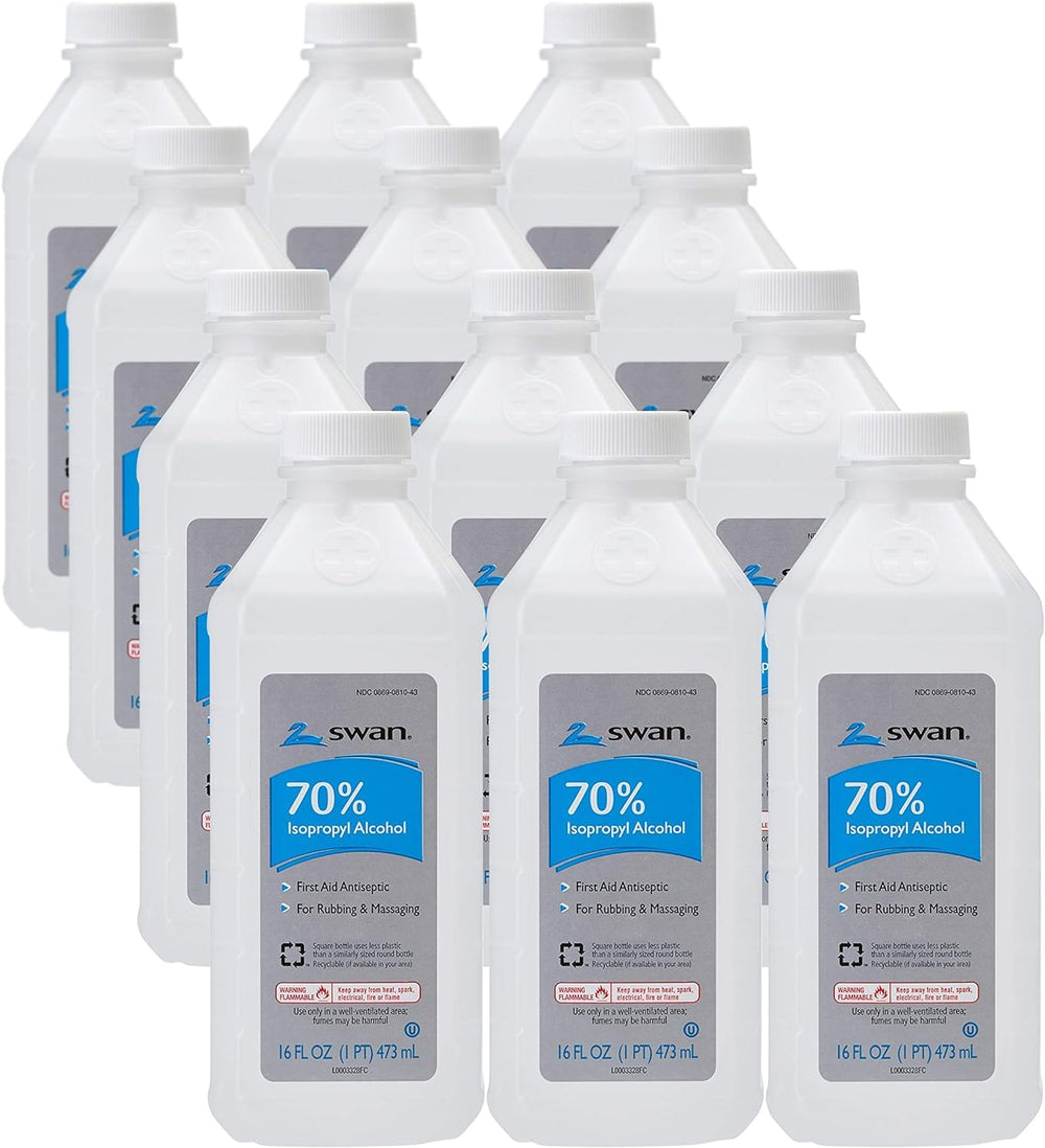 Swan 70% isopropyl rubbing alcohol bottle pour for quick surface cleaning.