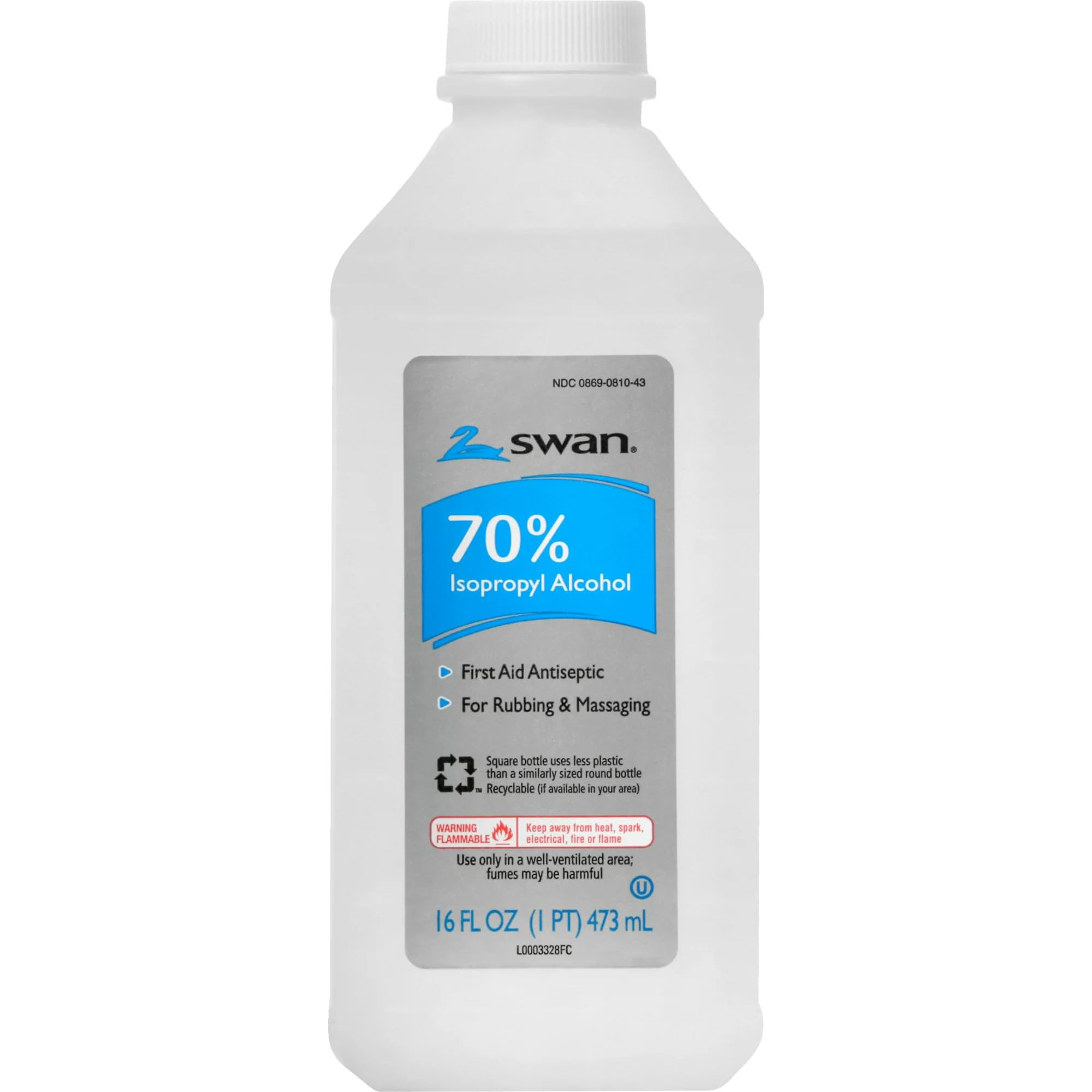 Swan 70% isopropyl rubbing alcohol label view with clear handling instructions.