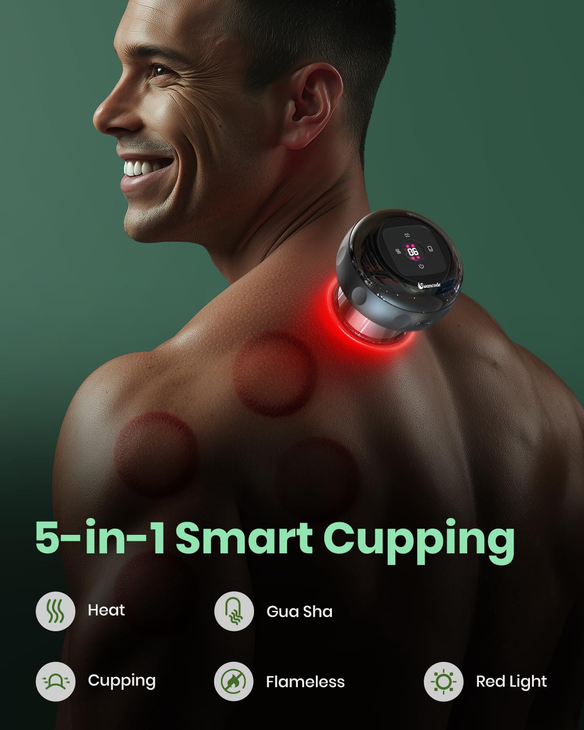 Swancode heated cupping massager used on back muscles