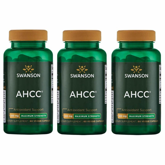 Swanson AHCC bottle front view shows 500 mg capsules for immune support.