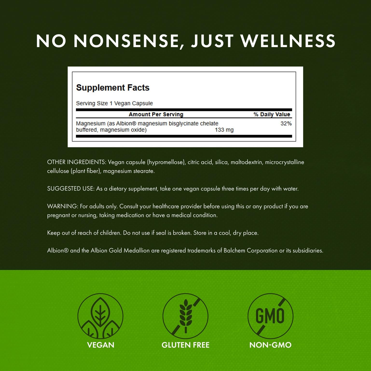 Swanson Albion Magnesium Glycinate 3-pack packaging highlights vegan, non-GMO quality.