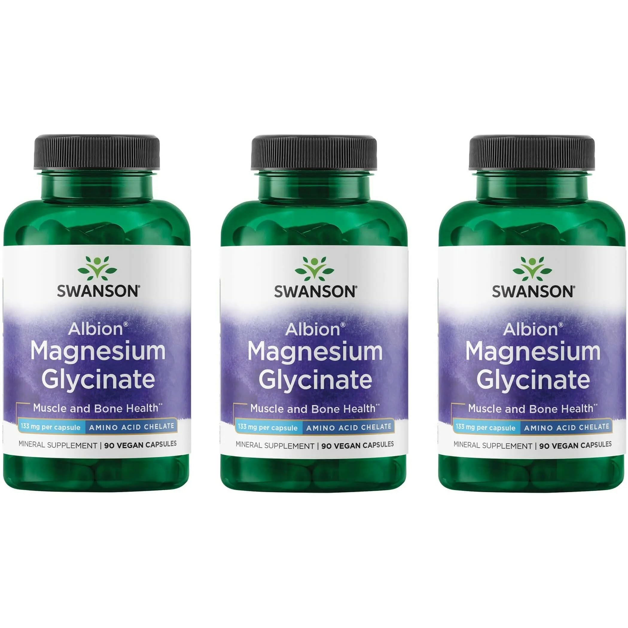 Swanson Albion Magnesium Glycinate bottle with capsules promotes relaxed sleep.