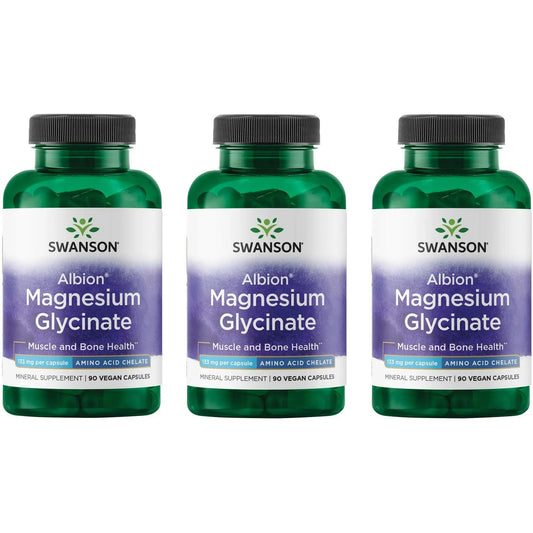 Swanson Albion Magnesium Glycinate bottle with capsules promotes relaxed sleep.