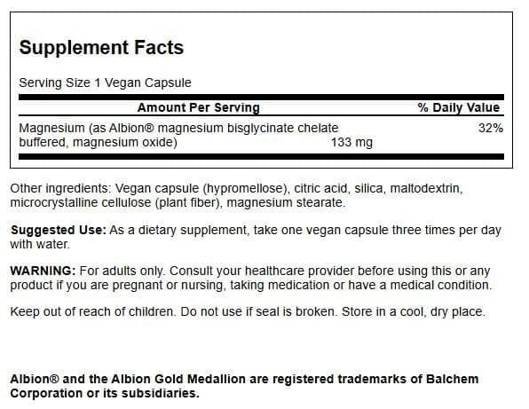 Swanson Albion Magnesium Glycinate capsules close-up, chelated for better absorption.