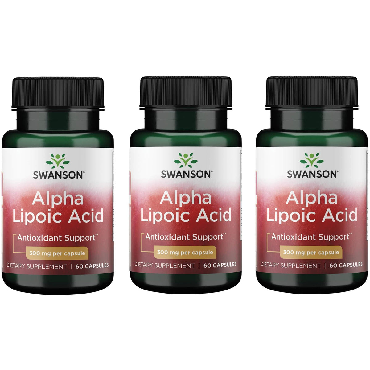 Swanson Alpha Lipoic Acid bottle with 300 mg capsules highlighting antioxidant support.
