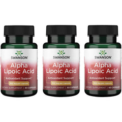 Swanson Alpha Lipoic Acid bottle with 300 mg capsules highlighting antioxidant support.