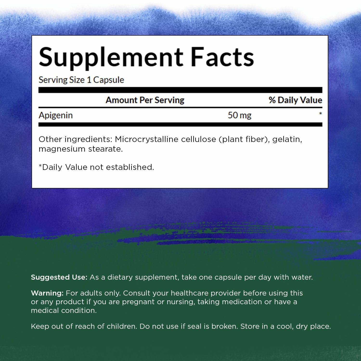 Swanson Apigenin capsules closeup: convenient daily bioflavonoid.