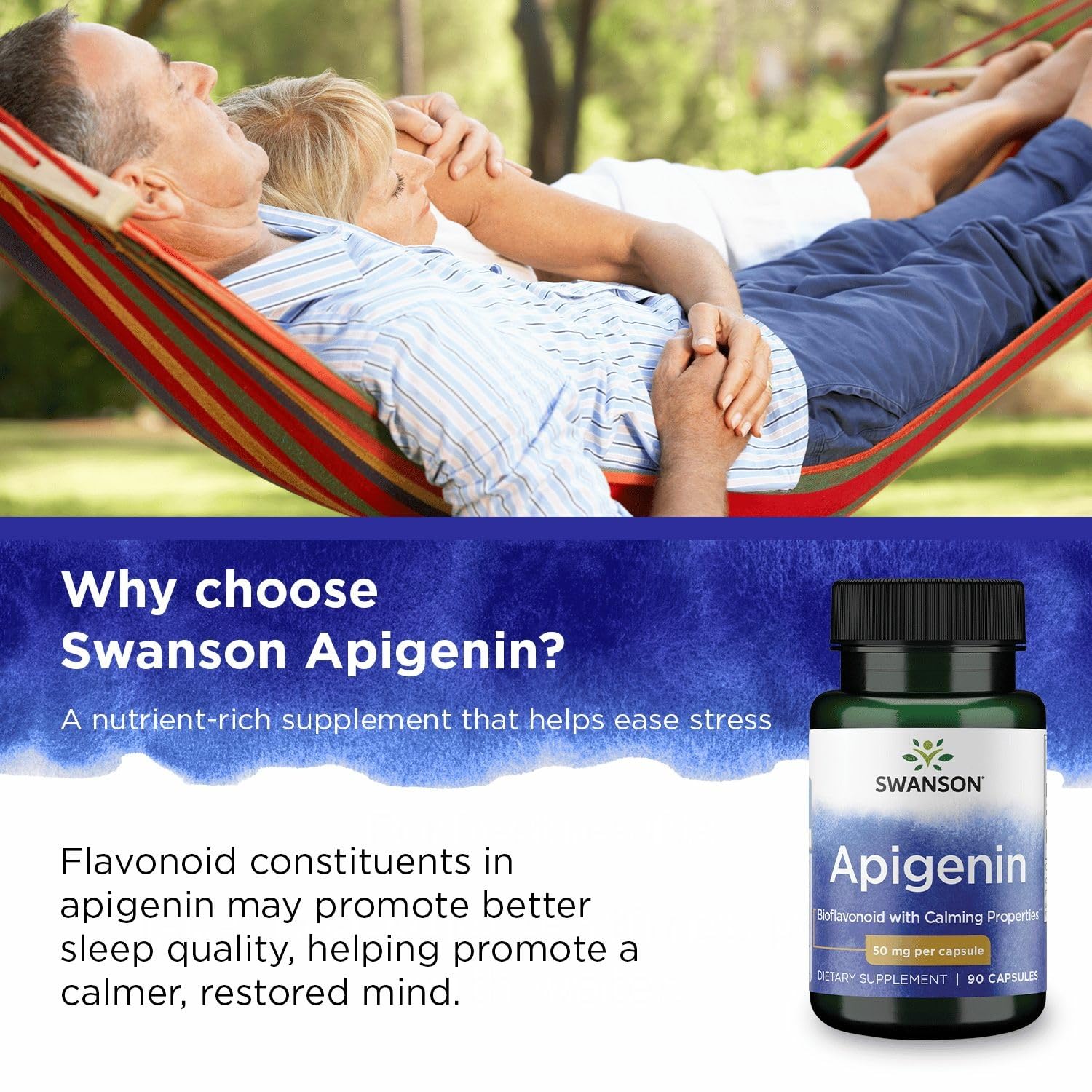 Swanson Apigenin ingredients info—highlights bioflavonoid benefits from chamomile origins.