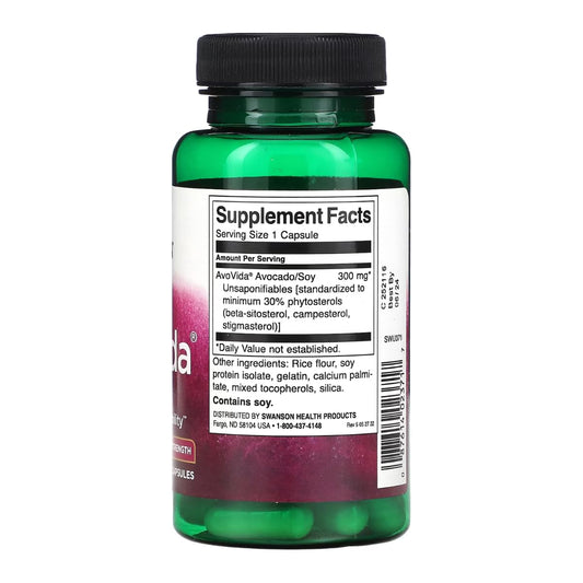 Close-up of Swanson AvoVida capsules highlighting phytosterol-rich formula for mobility support.