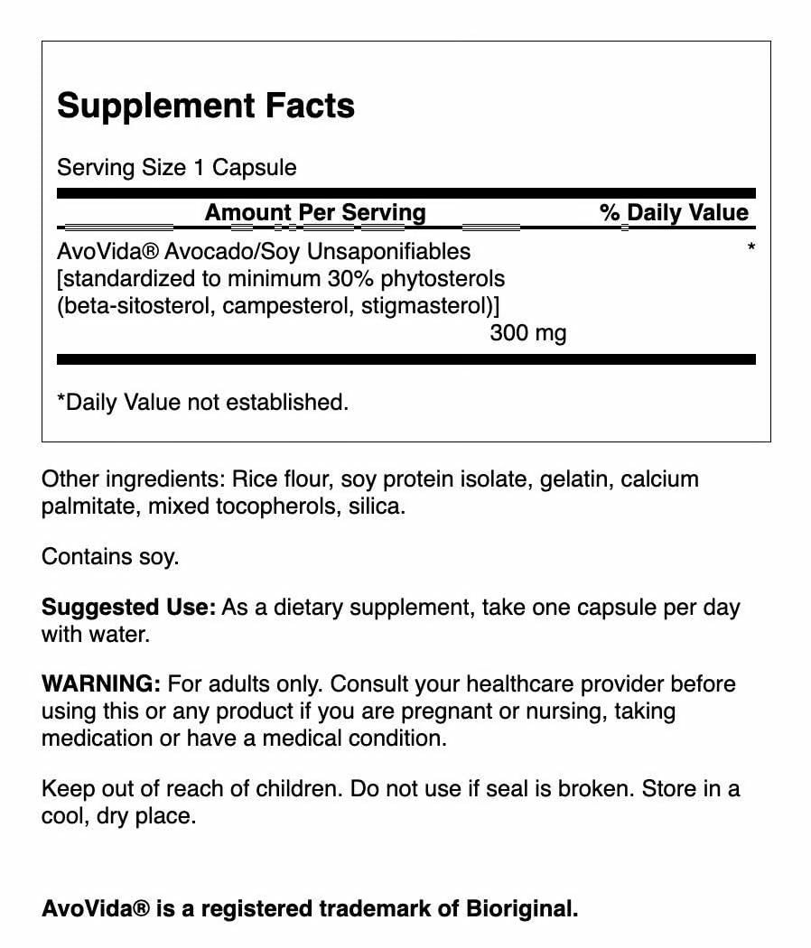 Swanson AvoVida bottle side shows 60 capsules and 300 mg per capsule