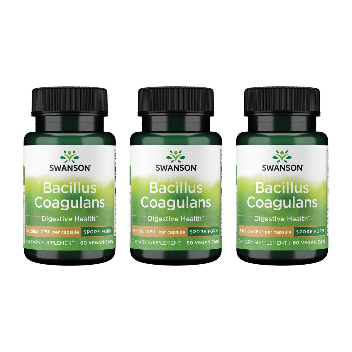 Swanson Bacillus Coagulans bottle front showing triple-pack for convenient gut support.