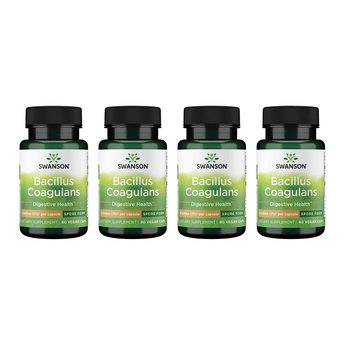 Swanson Bacillus Coagulans bottle front showing compact packaging for on-the-go use.