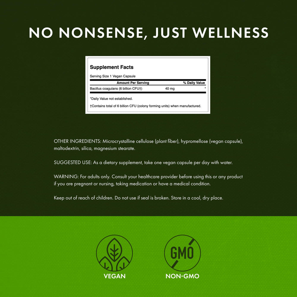 Swanson Bacillus Coagulans capsules close-up featuring vegan, non-GMO capsules.