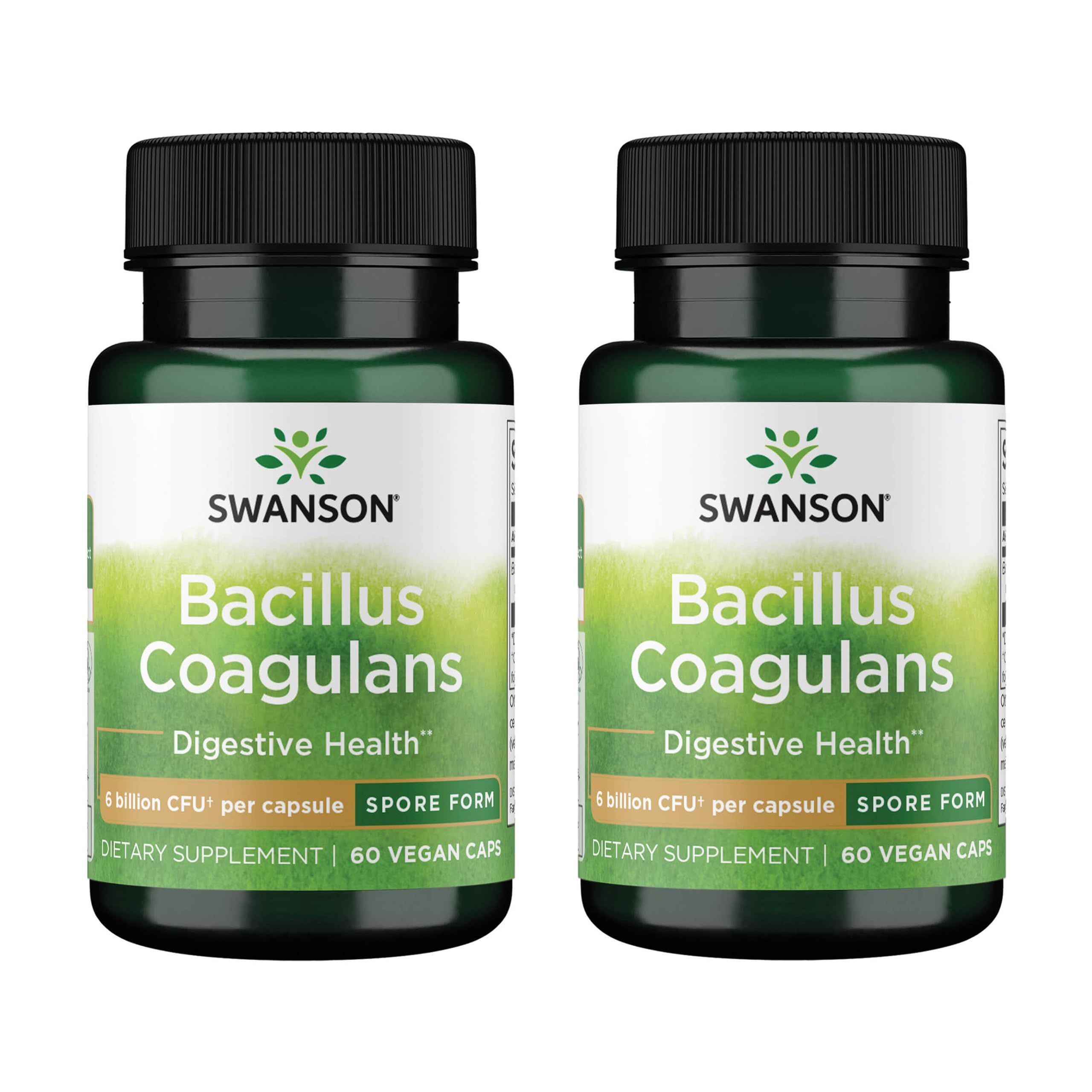 Swanson Bacillus Coagulans probiotic bottle front showing stable spore-form formula for gut support.