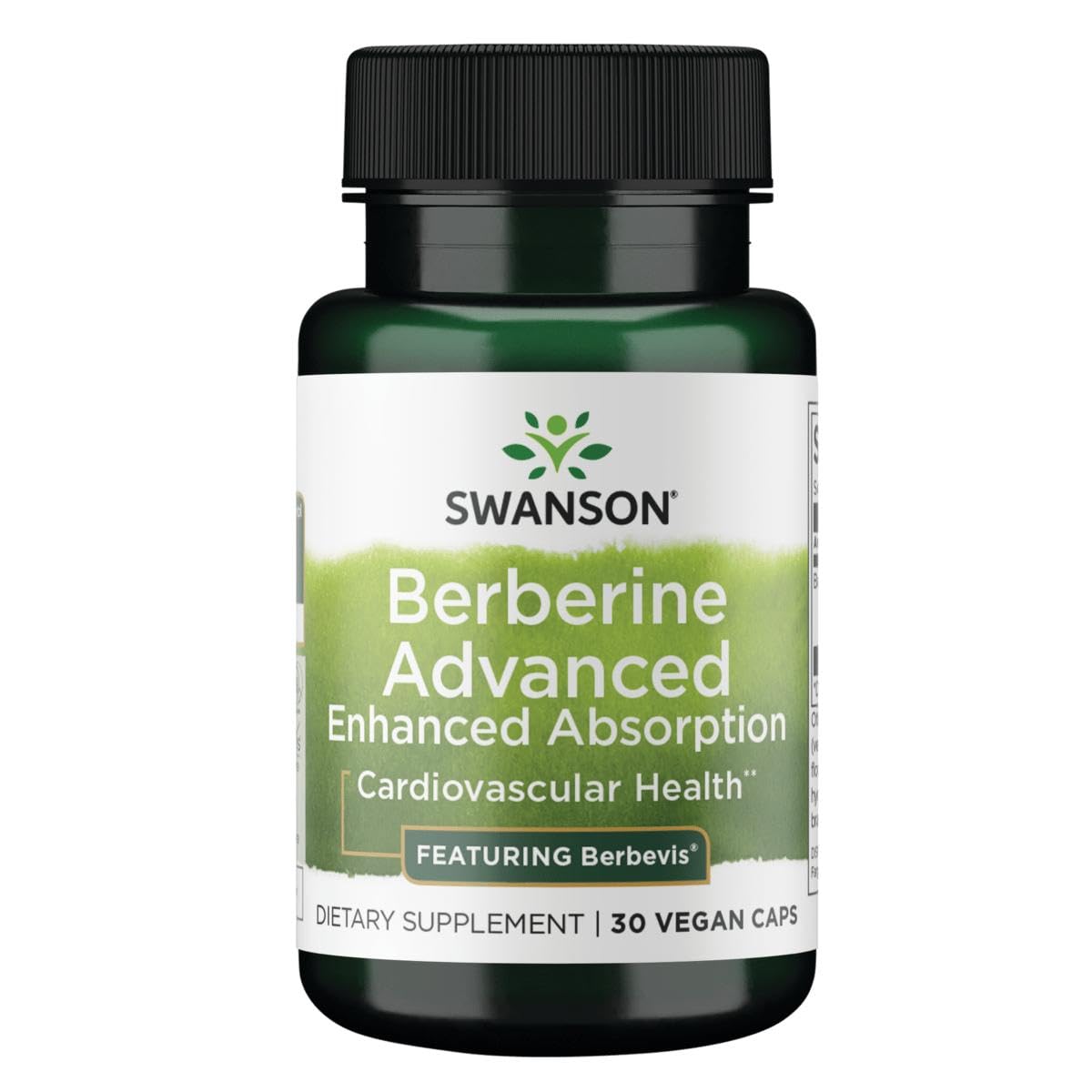 Swanson Berberine Advanced bottle front view highlighting its wellness focus.