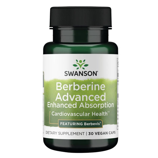 Swanson Berberine Advanced bottle front view highlighting its wellness focus.