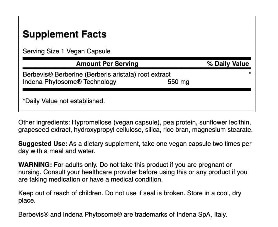 Swanson Berberine Advanced bottle label closeup showing Berbevis 550 mg.