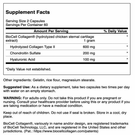 Swanson Chicken Sternum Cartilage bottle label upclose showing ingredients and serving size