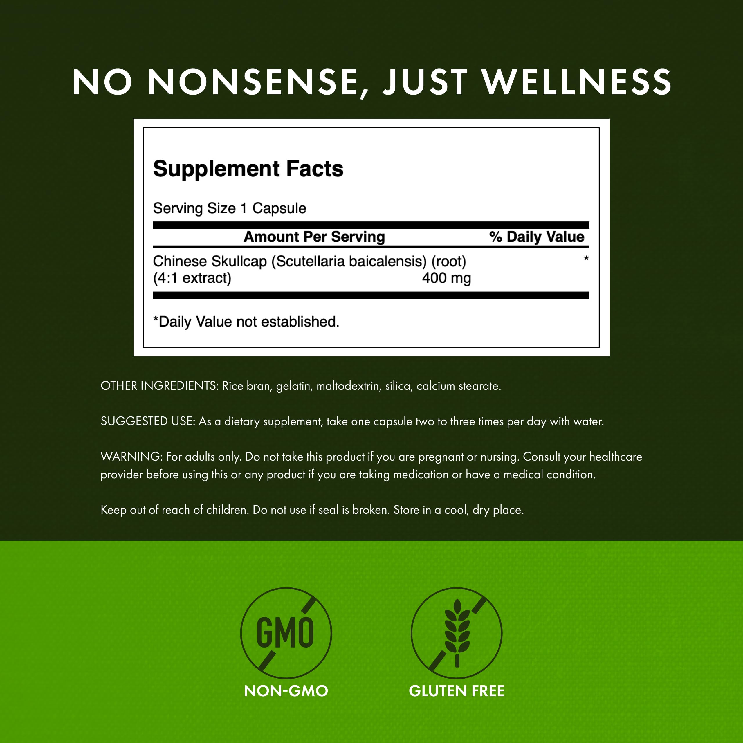 Swanson Chinese Skullcap label detail highlighting quality and testing.
