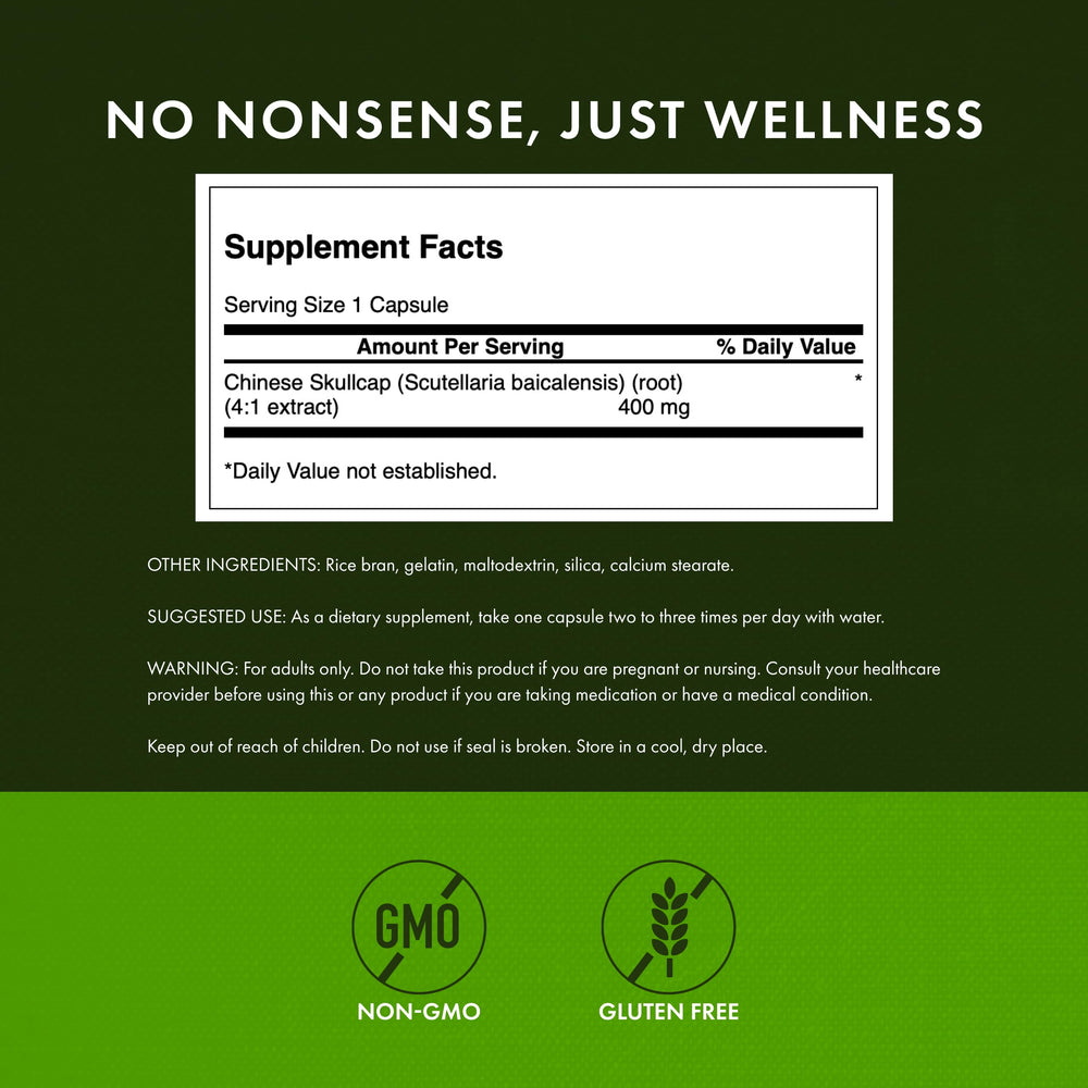 Swanson Chinese Skullcap label detail highlighting quality and testing.
