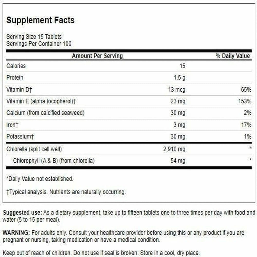 Swanson chlorella 194 mg tablets closeup, compact vegetarian tablets for on-the-go routines.