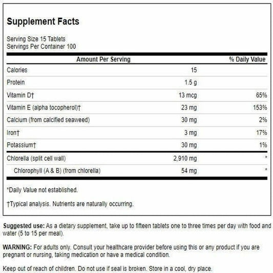 Swanson chlorella 194 mg tablets closeup, compact vegetarian tablets for on-the-go routines.