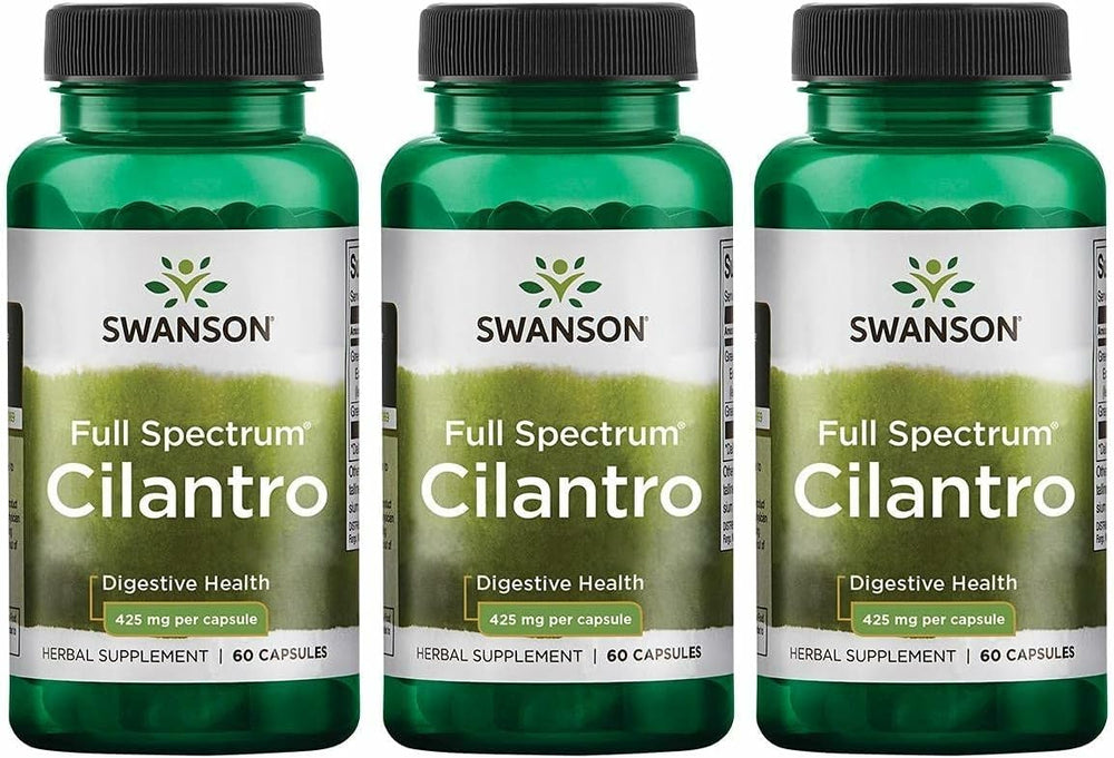 Swanson Cilantro capsules bottle close-up highlighting full-spectrum coriander for digestive health