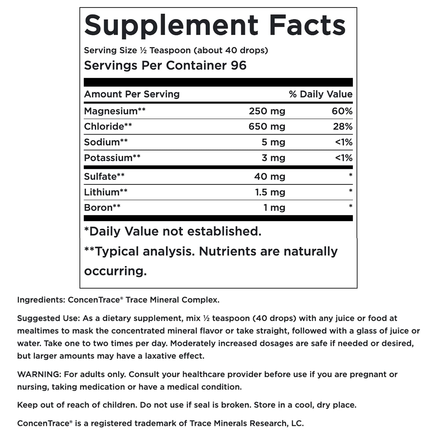 Close-up of Swanson Concentrace label showing mineral sources and safety.