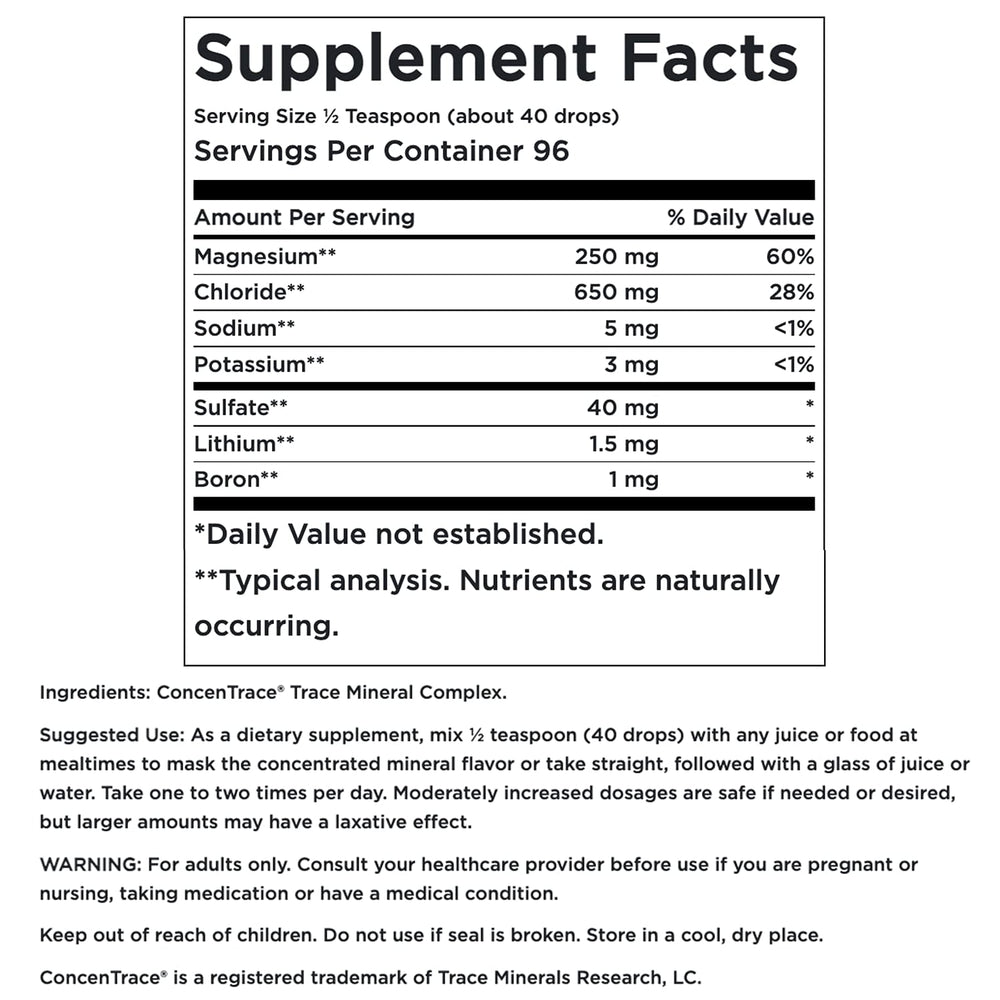 Close-up of Swanson Concentrace label showing mineral sources and safety.