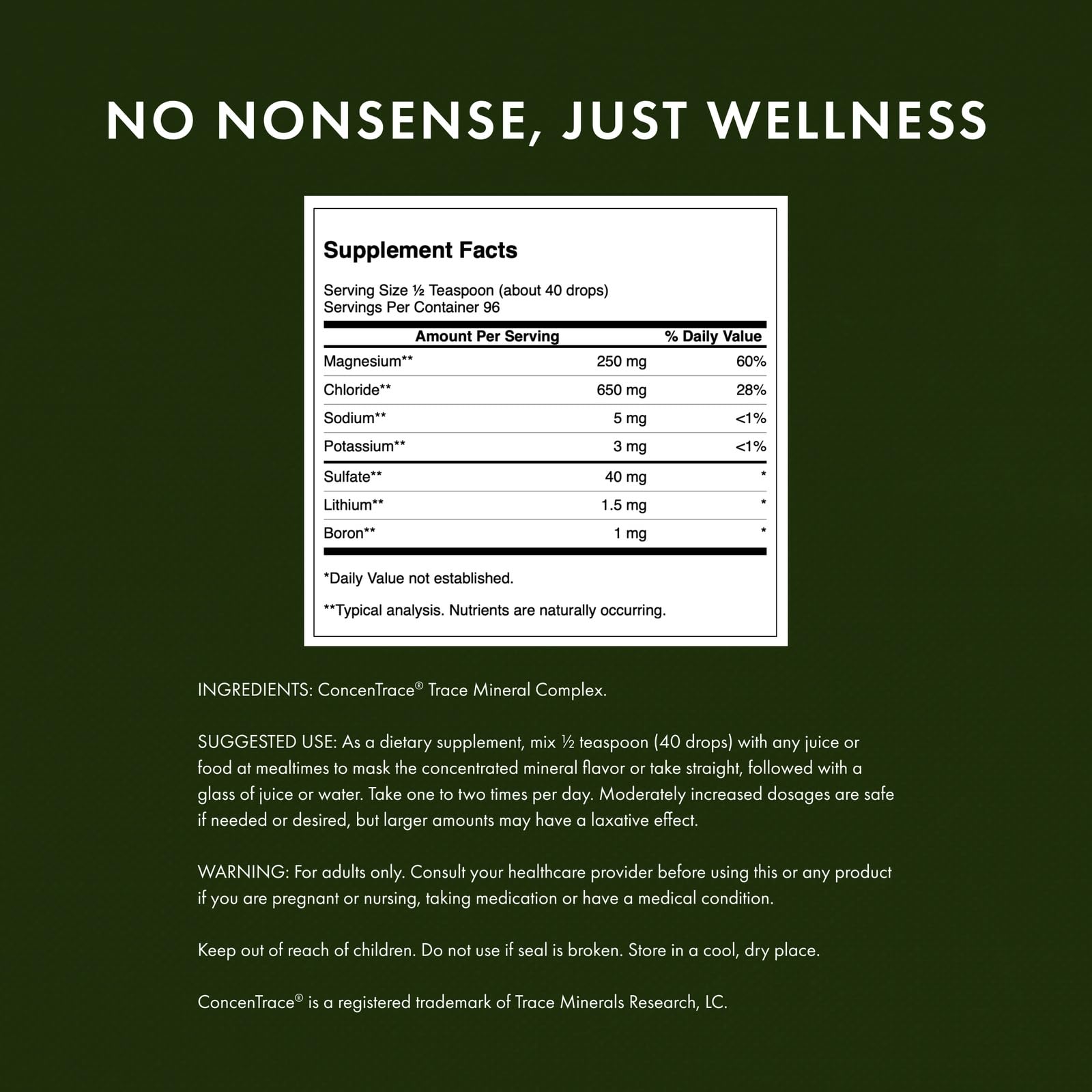 Swanson Concentrace label highlights GRAS, vegan, halal, kosher certifications for trusted minerals.