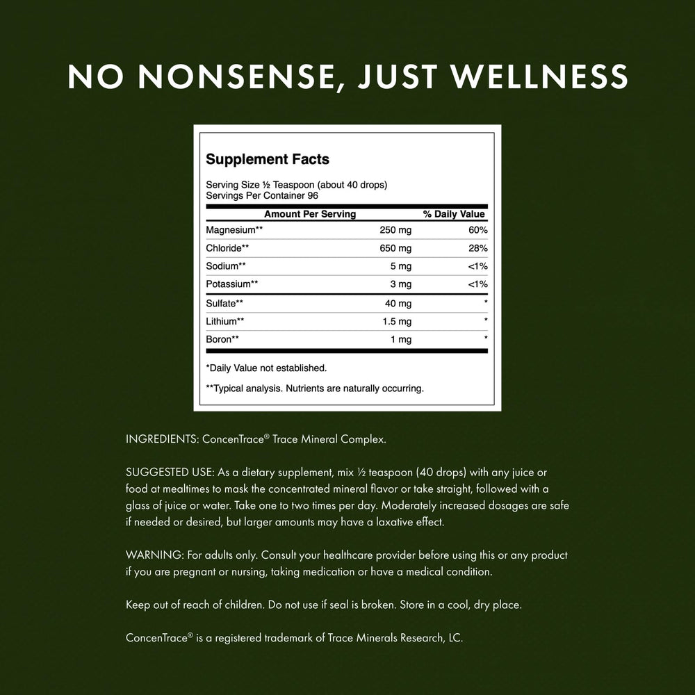 Swanson Concentrace label highlights GRAS, vegan, halal, kosher certifications for trusted minerals.